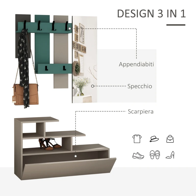 HOMCOM Set Mobiler pentru Intrare 3 in 1 din Lemn cu Dulap pentru Incaltaminte, Oglinda si Cuier cu 6 Carlige, Gri si Turcoaz