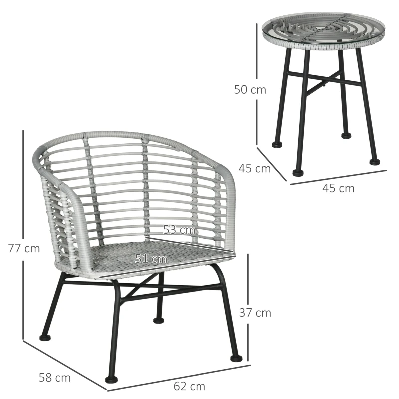 Outsunny Set Mobilier de Gradina 3 Piese din Ratan PE, Salon in Aer Liber cu 1 Masa si 2 Scaune  pentru Terasa si Bistrò, Gri