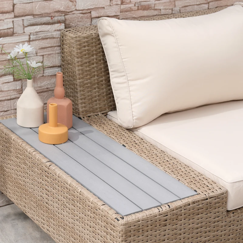 Outsunny Set Living de Gradina din Rattan, 4 Piese, Coltar pentru Exterior cu Perne, Masute Laterale si Masuta de Cafea, Maro Deschis