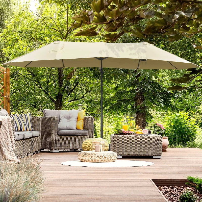 Outsunny Umbrela Dubla de Gradina din Metal si Poliester Anti-UV Impermeabila cu Manivela, 440x270x250cm, Crem