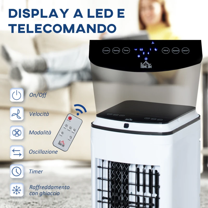 Racitor prin Evaporare HOMCOM 3 in 1, Ventilator cu Gheata si Umidificator, 3 Viteze, 3 Moduri, Telecomanda si Timer, 75 W Alb