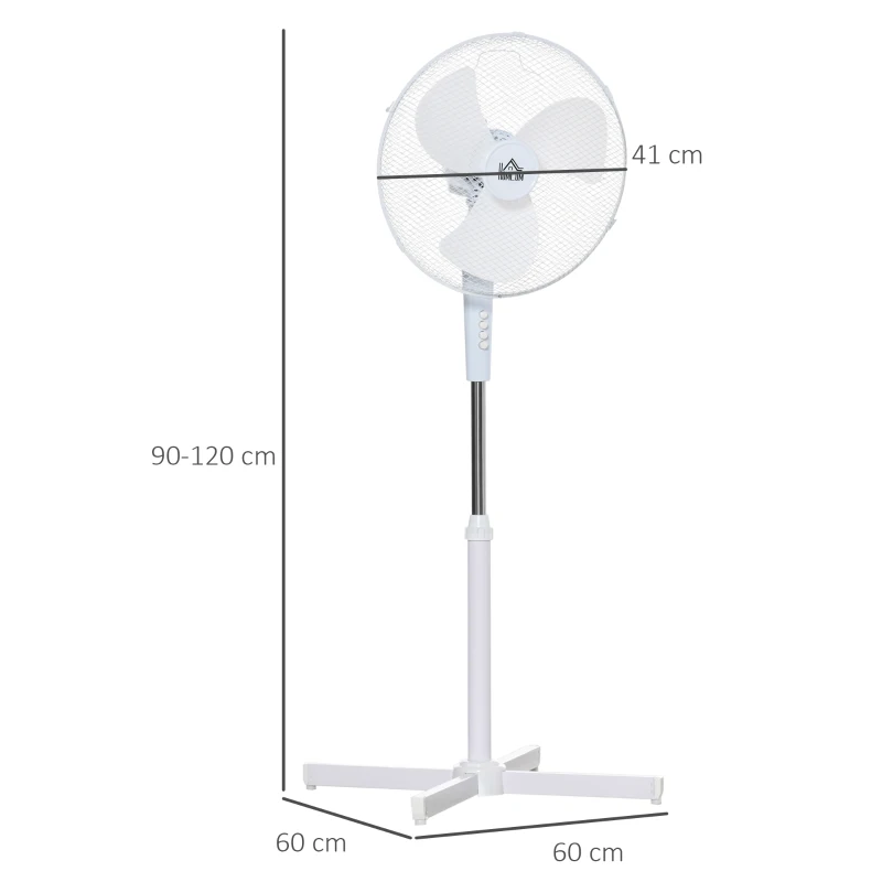 HOMCOM Ventilator de Podea cu 3 Viteze, Înălțime Reglabilă și Unghi de Înclinare de 80°, 60x60x90-120 cm, Alb