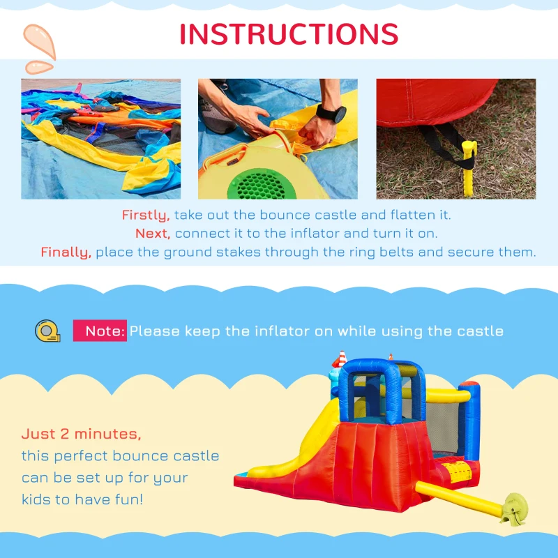 Outsunny Castel Gonflabil 4 in 1 pentru Copii de la 3 la 8 ani cu Tobogan, Trambulina, Piscina si Pompa inclusa, 265x260x200cm