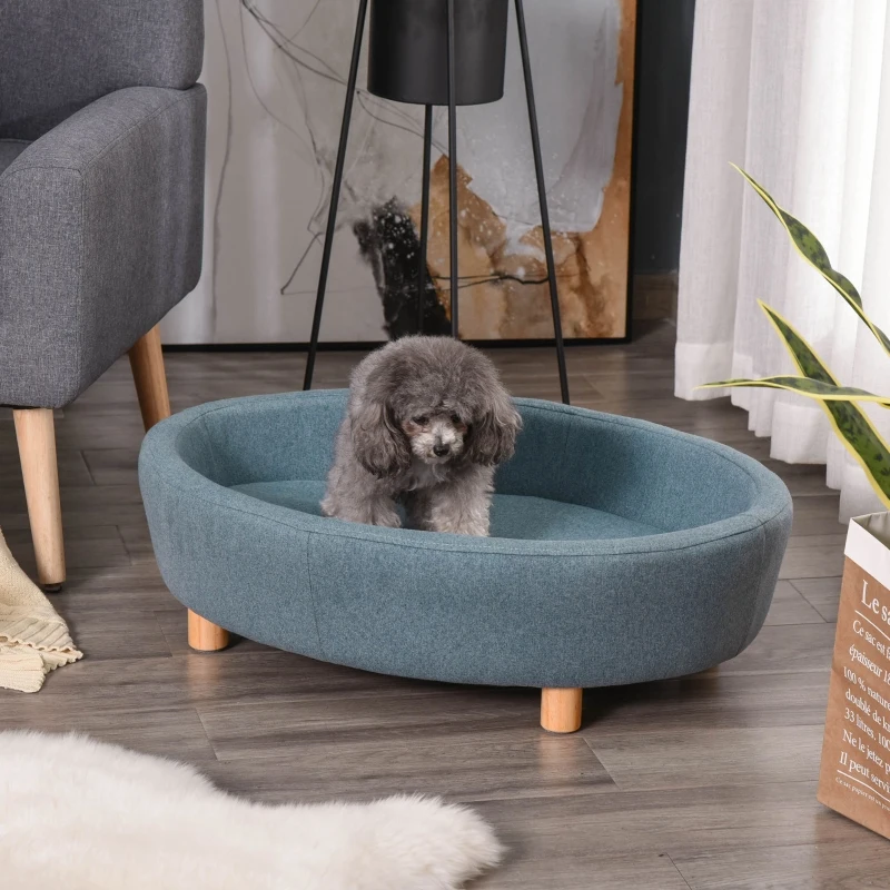 PawHut Dog Sofa Oval Shape Pet Bed, Cat Chair Couch with Sponge Padded Cushion, Washable Cover, Wooden Legs for Small and Medium Dogs - Light Blue