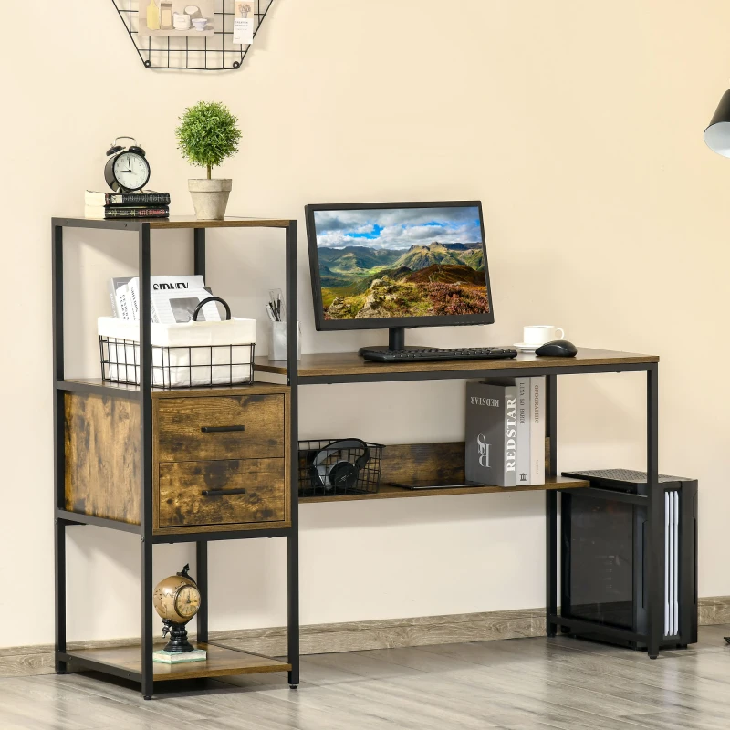 HOMCOM Birou pentru PC cu Rafturi si Sertare din PAL si Otel, 140x50x110cm, Negru si Maro