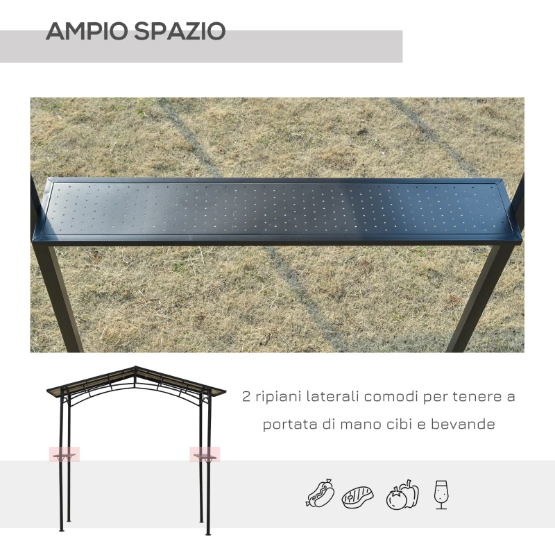 Outsunny Foișor de Grădină cu Acoperiș din PC și Rafturi Laterale, Structură din Aluminiu și Metal, 246x149x230 cm, Negru(m-6)