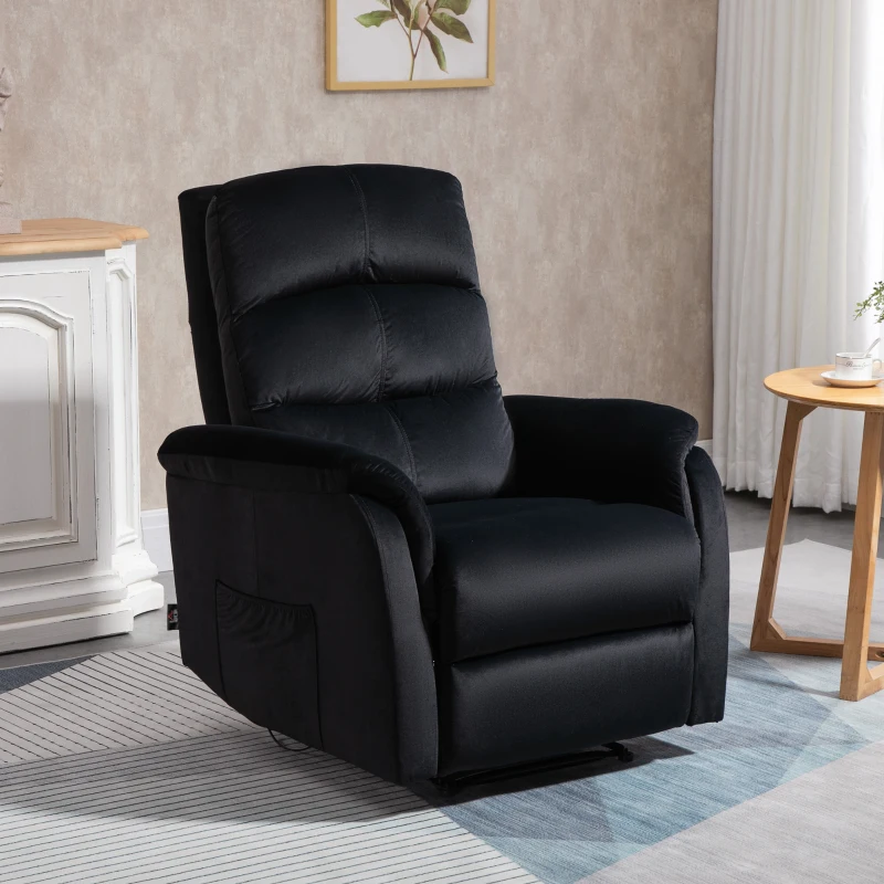 HOMCOM Fotoliu Recliner pana la 155 ° cu Tetiera si Suport pentru picioare, Fotoliu Relax din Tesatura Catifelata si Otel cu Buzunar Lateral, Negru