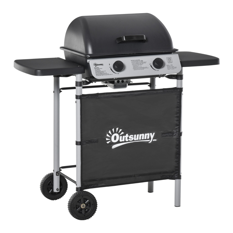 Outsunny Gratar pe gaz cu Capac si 2 Arzatoare cu o putere totala de 5,6 kW, Gratar din Otel cu Roti si Rafturi, 104x49x99cm Negru