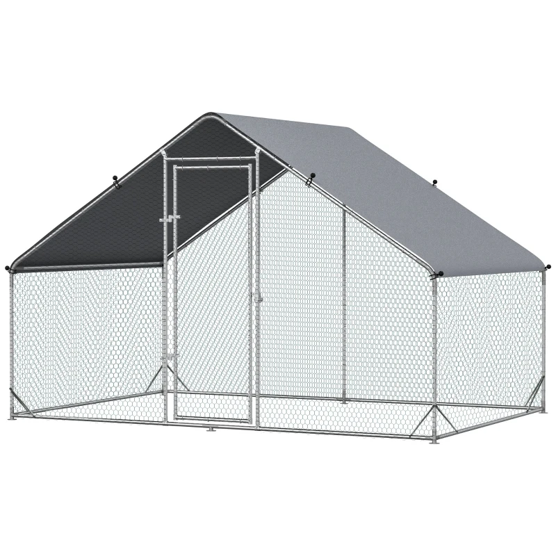 Cotet de gaini in aer liber PawHut cu Cadru Zincat si Plasa Hexagonala, Tarc cu Acoperis din Material Impermeabil pentru Gaini, Rate si Iepuri, 3x2x2m(m-12)