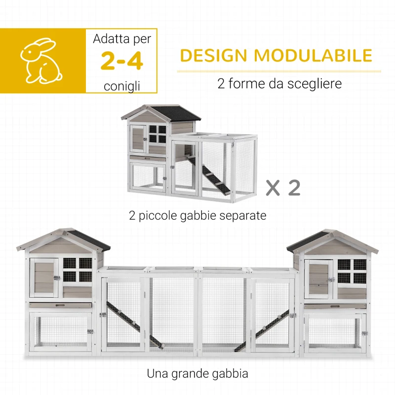 PawHut Cusca pentru Iepuri din Lemn pentru Exterior cu 2 Casute pentru Iepuri, Zona Deschisa Ingradita, Usi si Rampe, 259x64x92cm, Gri