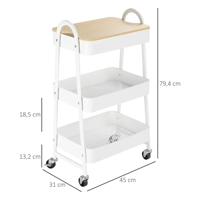 HOMCOM Kitchen Cart Metal Rolling Cart 3 Tiers Metal with Large Storage Space and Top for Kitchen and Office Storage Cart Serving Cart Kitchen Shelf with Wheels Steel White 45 x 31 x 79.4 cm
