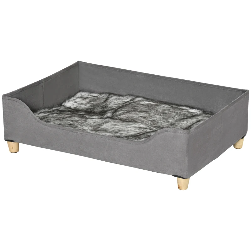 Culcus pentru Caini Inaltat PawHut cu Perna Lavabila, Patut pentru Caini Capitonat din Lemn si Plus, 81Lx56x23,5cm, Gri