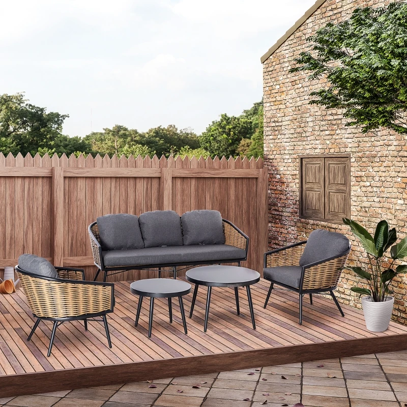 Outsunny Set de Mobilier de Gradina din Ratan 5 Piese, Lounge de Exterior cu 2 Masute, Canapea cu 3 Locuri si 2 Fotolii cu Perne