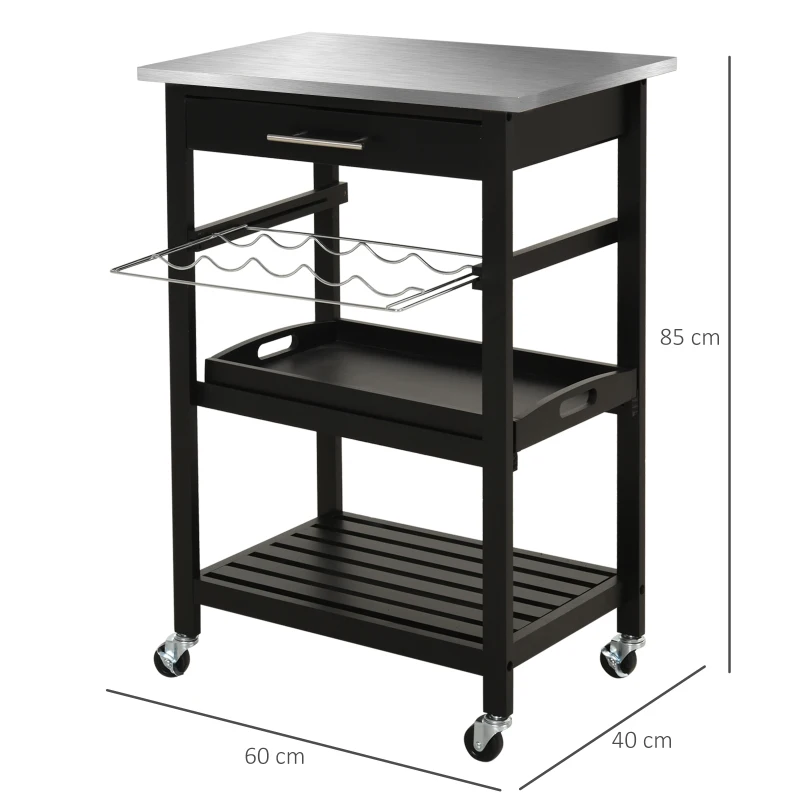 HOMCOM Pine 3-Tier Kitchen Cart Multifunction Rolling with Open Shelves Kitchen Island with Stainless Steel Top