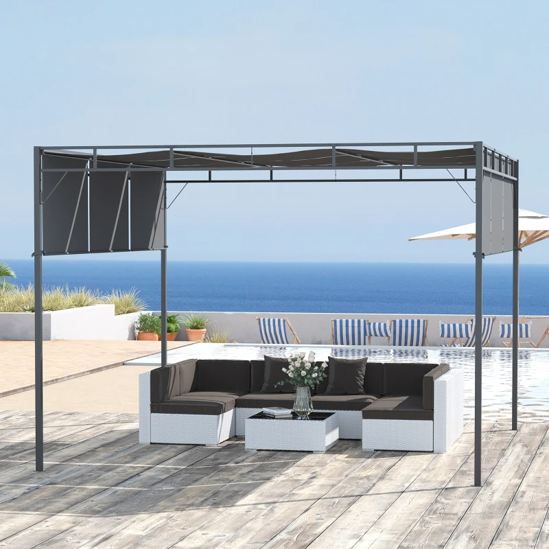 Outsunny Foisor Pergola 3x3 m din Otel cu Acoperis Glisant si 8 Tarusi de prindere Inclusi, Gri Inchis
