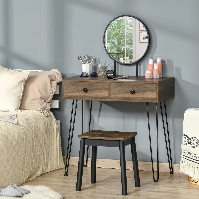 HOMCOM Masa de Machiaj in Stil Industrial, Set Masa de Toaleta cu Taburet si Oglinda de Machiaj, Postatie de Machiaj din Lemn si Metal pentru cameră