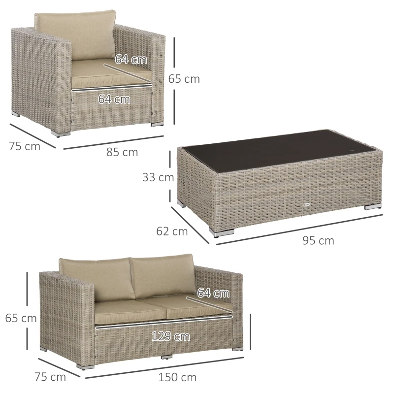 Outsunny Set Mobila de Gradina 4 Piese din Ratan PE, Salon de Exterior cu 1 Canapea, 2 Fotolii, 1 Masuta si  Perne Detasabile si Lavabile, Kaki si Bej