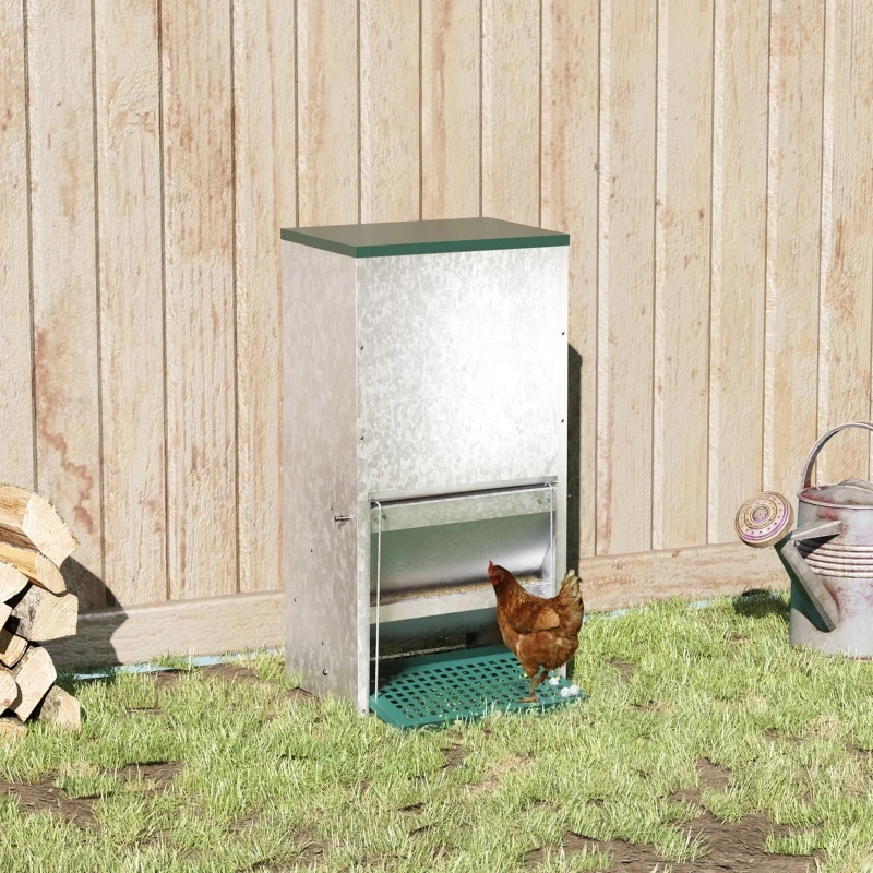 PawHut Hranitoare pentru Gaini de 13,5 litri pentru 3 Pui, Rezistenta la Ploaie, cu Capac Automat si Pedala, 33,5x38,5x66cm, Argintie șsi Verde