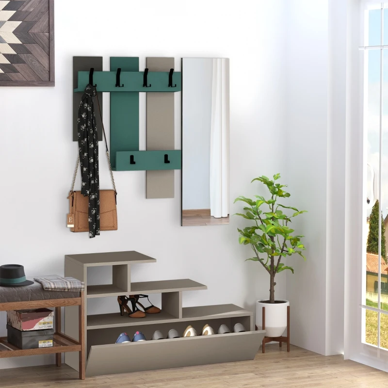 HOMCOM Set Mobiler pentru Intrare 3 in 1 din Lemn cu Dulap pentru Incaltaminte, Oglinda si Cuier cu 6 Carlige, Gri si Turcoaz