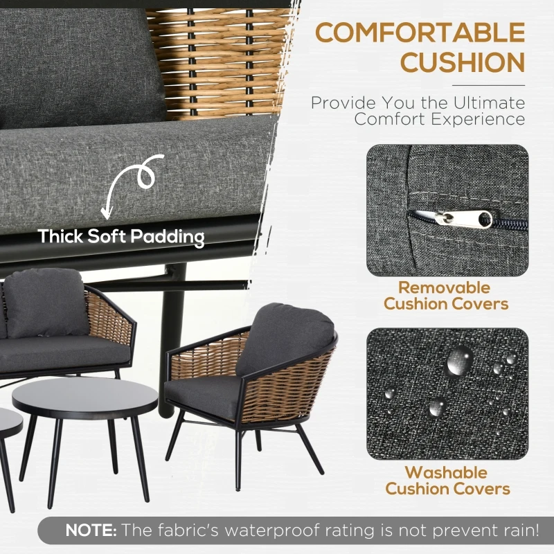 Outsunny Set de Mobilier de Gradina din Ratan 5 Piese, Lounge de Exterior cu 2 Masute, Canapea cu 3 Locuri si 2 Fotolii cu Perne