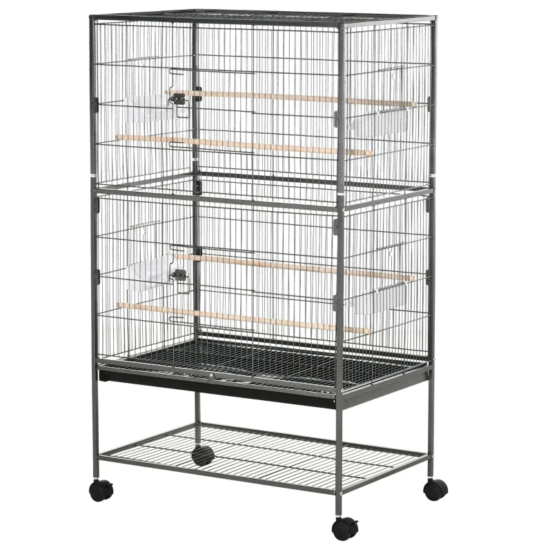 PawHut Cusca pentru Pasari de Interior din Otel si Lemn cu Tavă Detasabila, 4 Roți, Trepied si Recipient pentru Alimente, 78x52x132cm, Gri Inchis