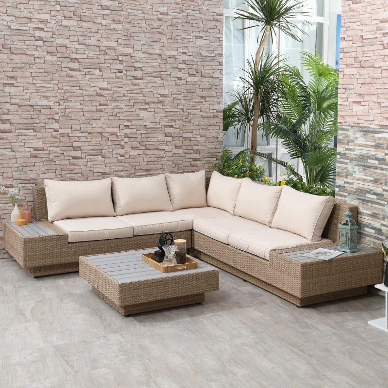 Outsunny Set Living de Gradina din Rattan, 4 Piese, Coltar pentru Exterior cu Perne, Masute Laterale si Masuta de Cafea, Maro Deschis