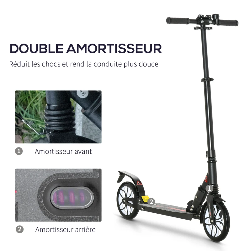 HOMCOM Trottinette pliable adulte 14+ guidon réglable en hauteur avec double système d'absorption de choc béquille frein à friction 2 grandes roues - noir