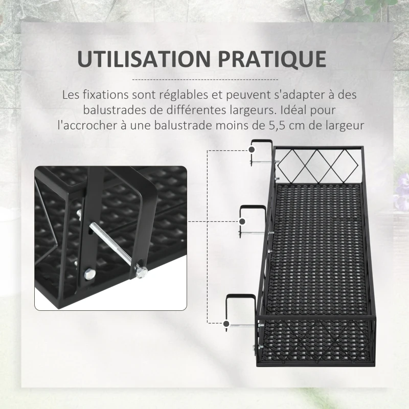 Outsunny Support de pot de fleurs suspendu en métal avec fixations réglables jardinière pour balcon dim. 100L x 31l x 12H cm noir