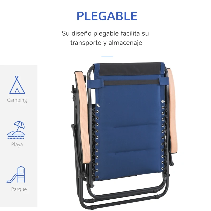 Outsunny Tumbona Plegable y Reclinable de Acero con Portavasos Reposacabezas Extraíble y Reposabrazos para Exterior Jardín 90x75x110 cm Azul