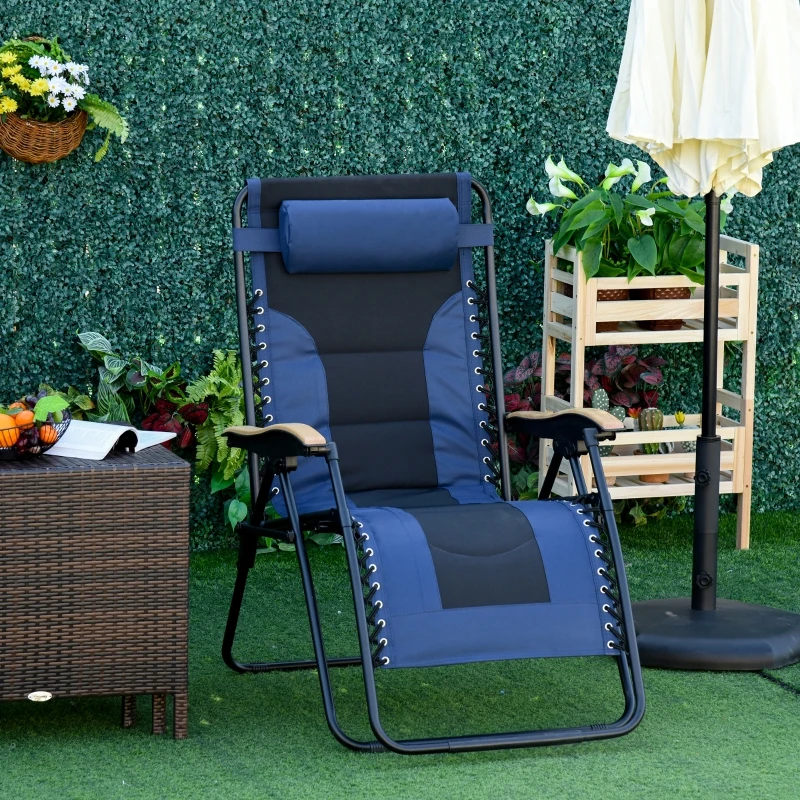 Outsunny Tumbona Plegable y Reclinable de Acero con Portavasos Reposacabezas Extraíble y Reposabrazos para Exterior Jardín 90x75x110 cm Azul