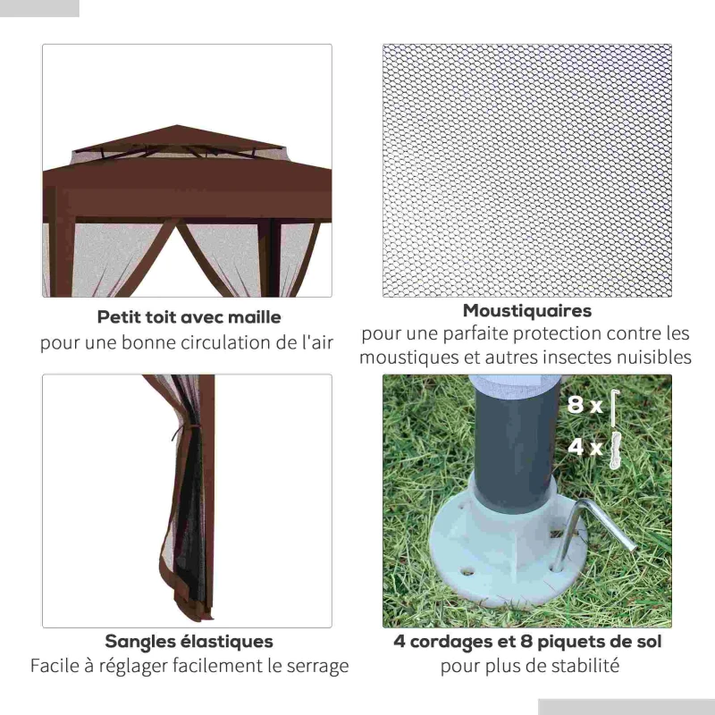 Outsunny Tonnelle barnum de jardin 3L x 3l m avec 4 moustiquaires amovibles - double toit - marron