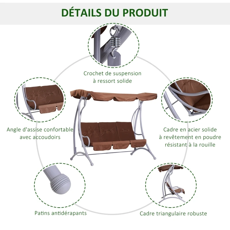 Outsunny Balancelle balancoire Fauteuil de Jardin en Acier 3 Places Charge Max. 340 Kg Chocolat