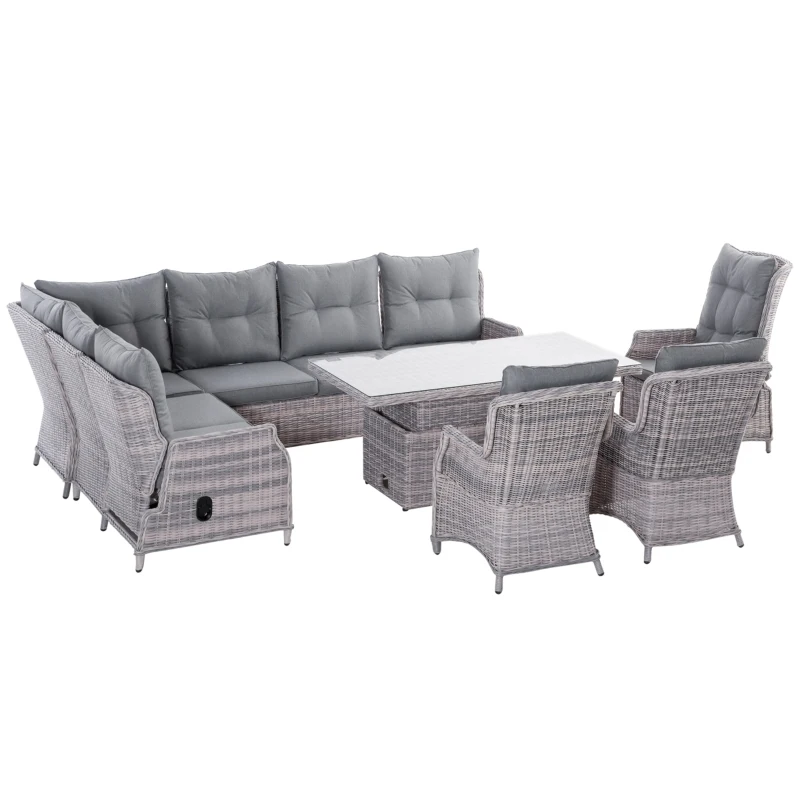 Outsunny 9-Seater PE Rattan Dining Set, Patio Wicker Sofa Sets w/ Height-adjustable Tempered Glass-Top Dining Table, 120° Adjustable Recliner & Armchairs, Mixed Grey