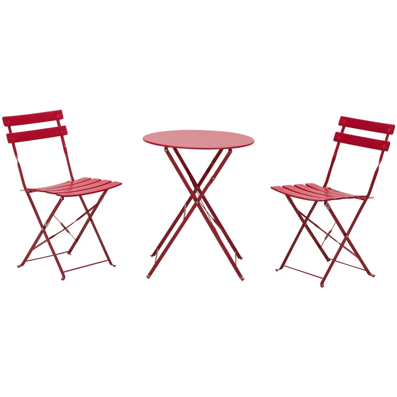 Outsunny Salon de Jardin Bistro Pliable - Table Ronde Ø 60 cm avec 2 chaises Pliantes - Acier thermolaqué Rouge
