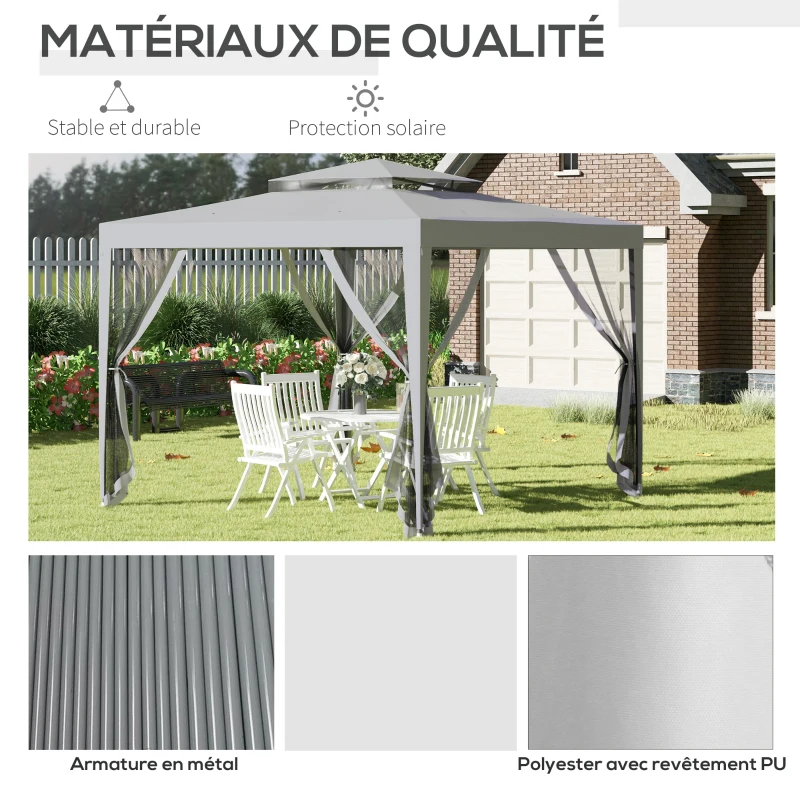 Outsunny Tonnelle barnum de jardin 3L x 3l m avec 4 moustiquaires amovibles - double toit - gris