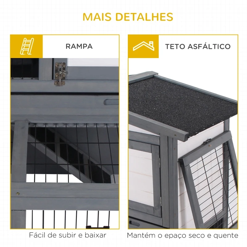 PawHut Coelheira de Exterior de Madeira de 2 Níveis Gaiola para Coelhos e Animais Pequenos com Teto Asfástico Zona Aberta Bandeja Removível e Rampa 101,5x90x100cm Cinza