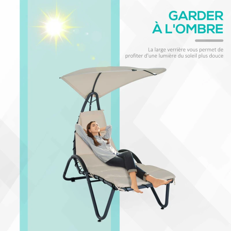 Outsunny Bain de Soleil Design Contemporain avec Pare-Soleil et Matelas 1,81L x 1,27l x 1,77H m Acier époxy Noir Polyester Beige