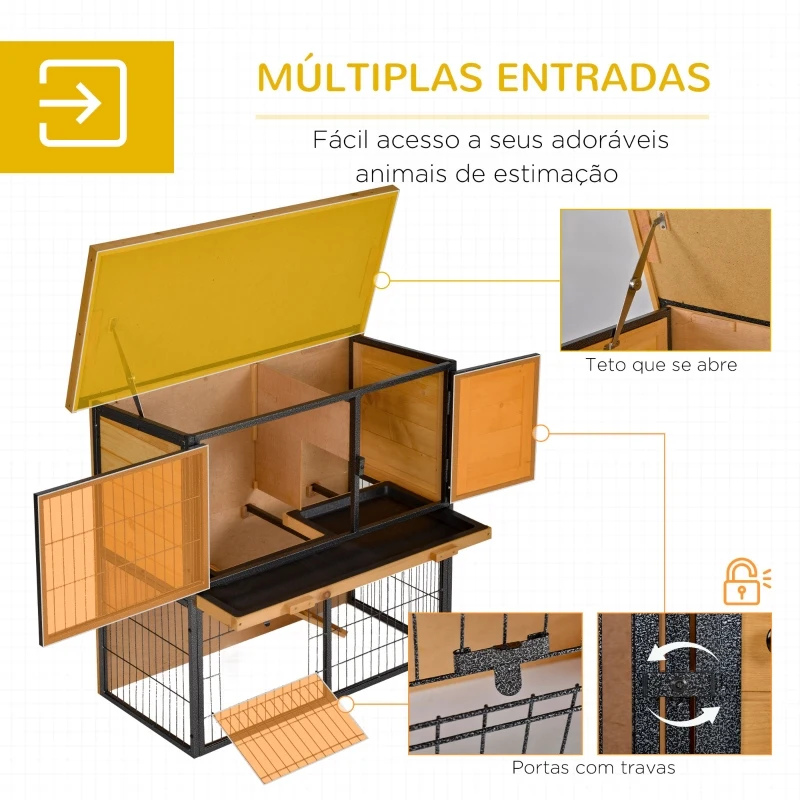 PawHut Coelheira de Exterior de Madeira para Animais Pequenos 2 Níveis com Rampa Bandeja Removível Portas com Fechaduras 89,5x45x81 cm Madeira e Cinza