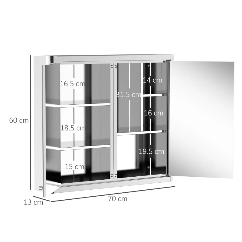 kleankin 7 Compartment Mirrored Bathroom Storage Cabinet On-Wall Steel Frame w/ 2 Doors Double Reflection Shelves Home Vanity Silver Tone