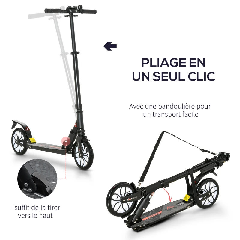 HOMCOM Trottinette pliable adulte 14+ guidon réglable en hauteur avec double système d'absorption de choc béquille frein à friction 2 grandes roues - noir