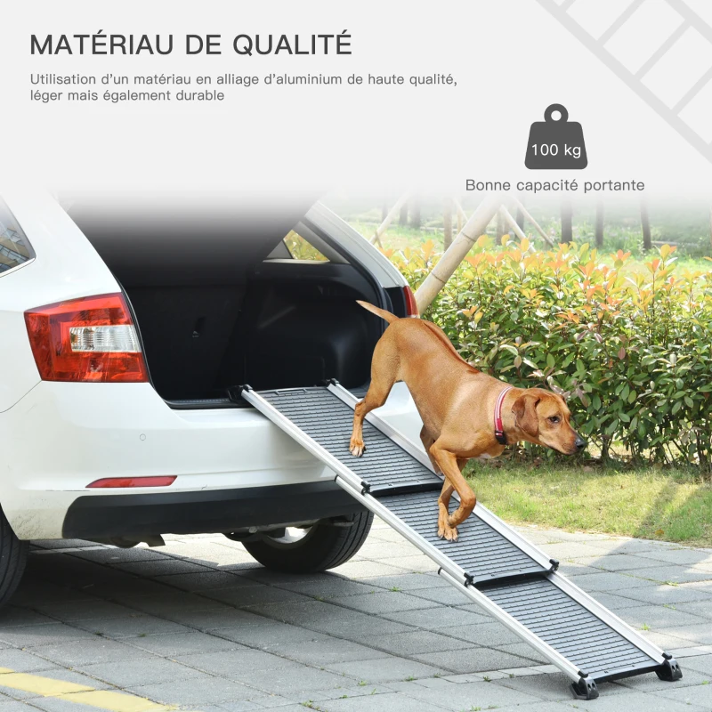 PawHut Rampe Télescopique pour Chien Rampe Animal de Compagnie en 3 Parties Légère Design Pliable avec Poignée Rampe d'accès Ideale pour Voiture Facile à transporter 159 x 42 x 11,5 cm Noir