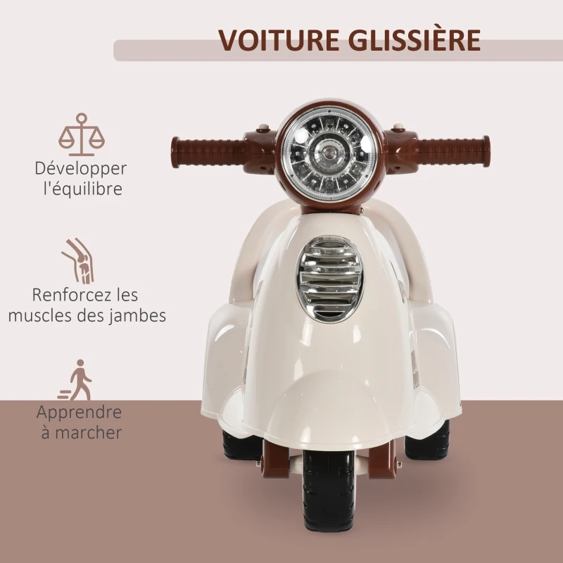HOMCOM Porteur Enfants Moto 12-36 Mois dim. 66L x 33I x 47,7H cm Effets Lumineux et sonores Coffre Blanc Marron