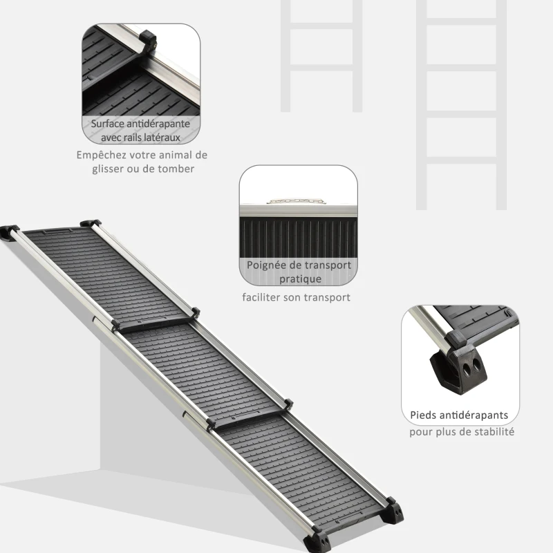 PawHut Rampe Télescopique pour Chien Rampe Animal de Compagnie en 3 Parties Légère Design Pliable avec Poignée Rampe d'accès Ideale pour Voiture Facile à transporter 159 x 42 x 11,5 cm Noir