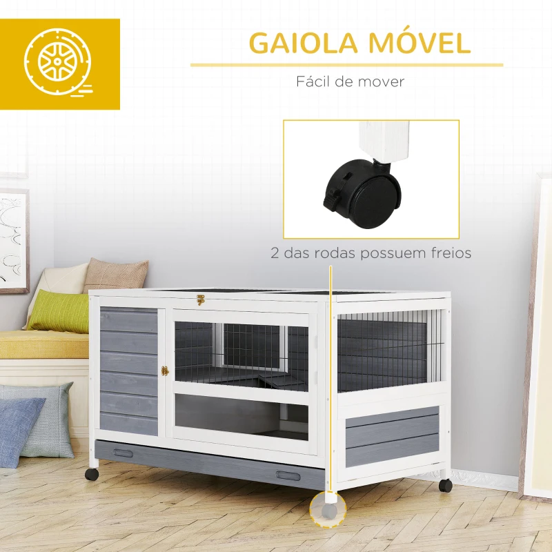 PawHut Coelheira de madeira para animais de estimação pequenos 2 andares com rampa rodas bandeja removível 102x60x63,5 cm Cinza branco