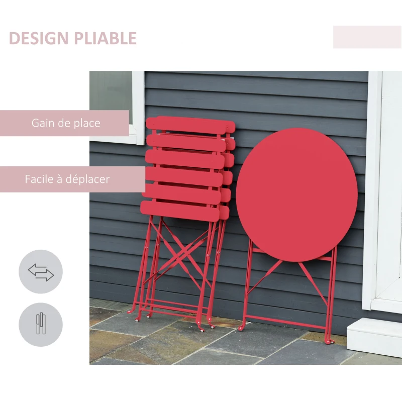 Outsunny Salon de Jardin Bistro Pliable - Table Ronde Ø 60 cm avec 2 chaises Pliantes - Acier thermolaqué Rouge