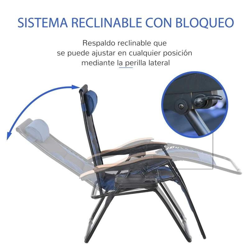 Outsunny Tumbona Plegable y Reclinable de Acero con Portavasos Reposacabezas Extraíble y Reposabrazos para Exterior Jardín 90x75x110 cm Azul