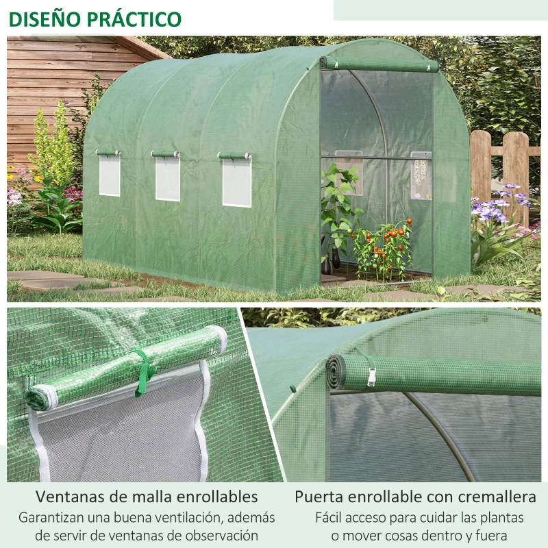 Outsunny Invernadero de Túnel 3x2x2 m Invernáculo de Jardín Exterior con Puerta Enrollable y 6 Ventanas Polietileno y Metal Galvanizado para Cultivos Plantas Flores Verde