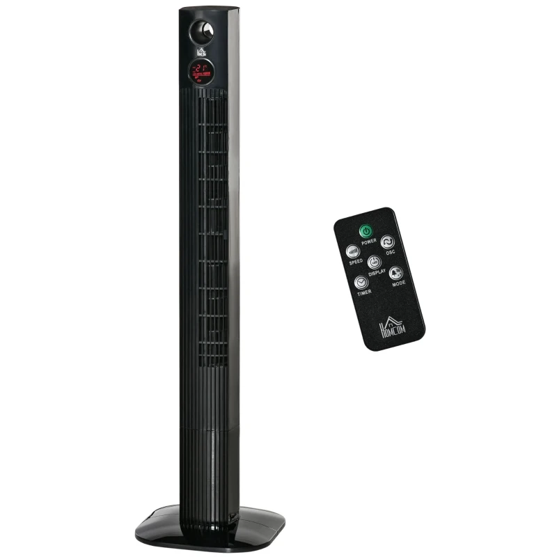 HOMCOM wentylator wieżowy, stojący, dyfuzor zapachowy, z pilotem, 3 poziomy wentylacji, 45W 70° oscylacja czarny 31,5x31,5x117 cm