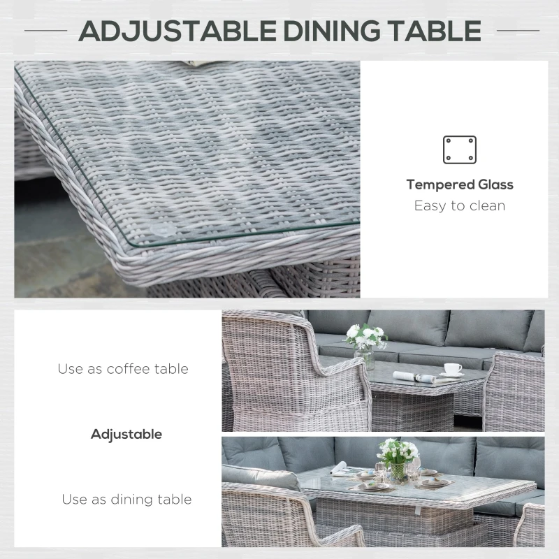 Outsunny 9-Seater PE Rattan Dining Set, Patio Wicker Sofa Sets w/ Height-adjustable Tempered Glass-Top Dining Table, 120° Adjustable Recliner & Armchairs, Mixed Grey