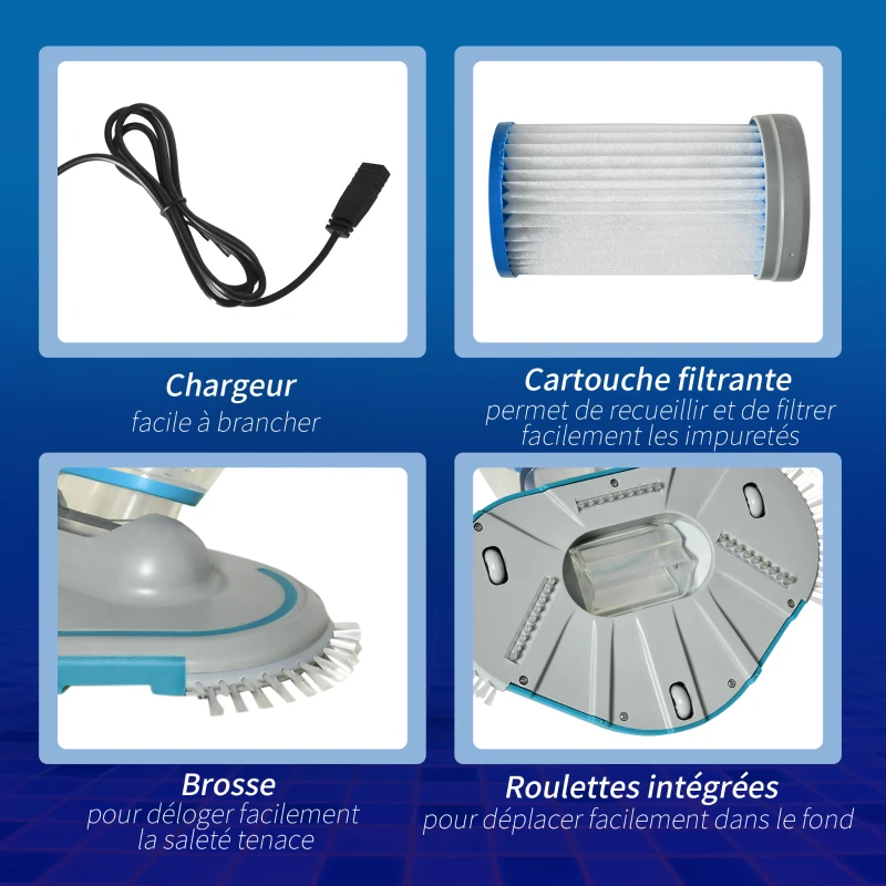 Outsunny Aspirateur de piscine électrique portable rechargeable avec brosse et cartouche filtrante, multi-vitesse, sans fil - gris et bleu
